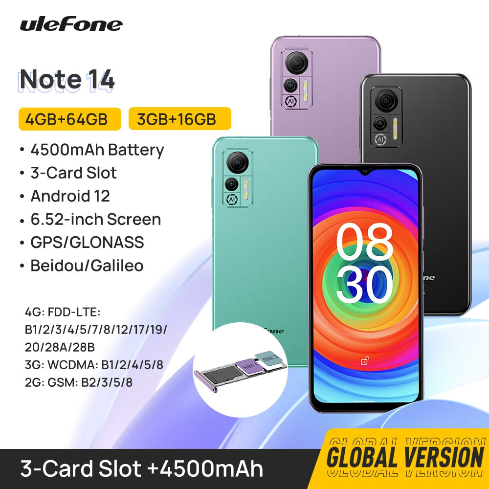 Ulefone Note 14  Smartphone 4500mAh  Android 12 6.52-inch 64GB ROM 13MP  4G Celular Phone 3-Card Slots/Face Unlock/OTG Global