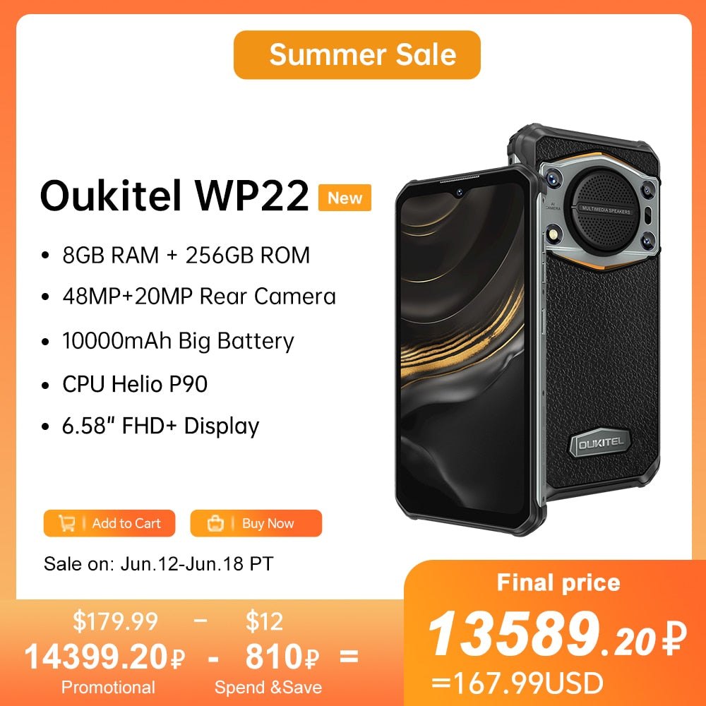 Oukitel WP22 Rugged Phone 6.58" FHD+ 10000 mAh Mobile Phone 8GB+256GB 48MP Smartphone Helio P90 Cell phone