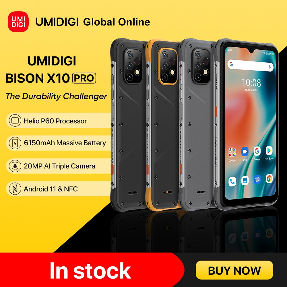 UMIDIGI BISON X10 Pro IP68 Rugged Smartphone Global Version 128GB NFC Helio P60 20MP Triple Camera 6.53"HD+ 6150mAh Cellular
