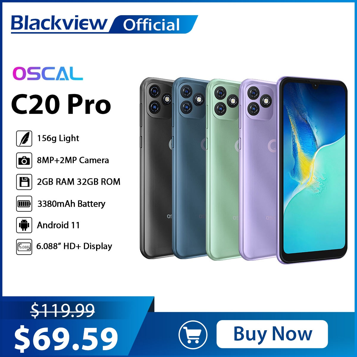 Blackview C20 Pro Smartphone Octa Core Cellphone Android 11 Face Unlock 2GB 32GB Mobile Phone 3380mAh Dual 4G LTE Celular