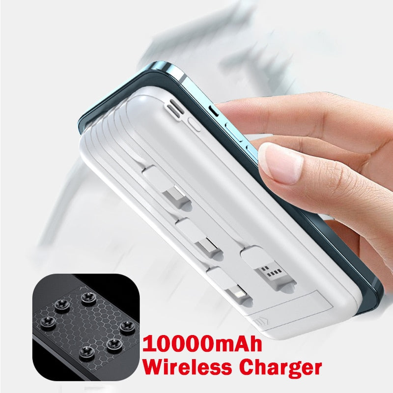 Sucker Wireless Power Bank 10000mA Portable Powerbank with 4 Charger Cables Phone Sucker Holder for all Wireless Charging Phones
