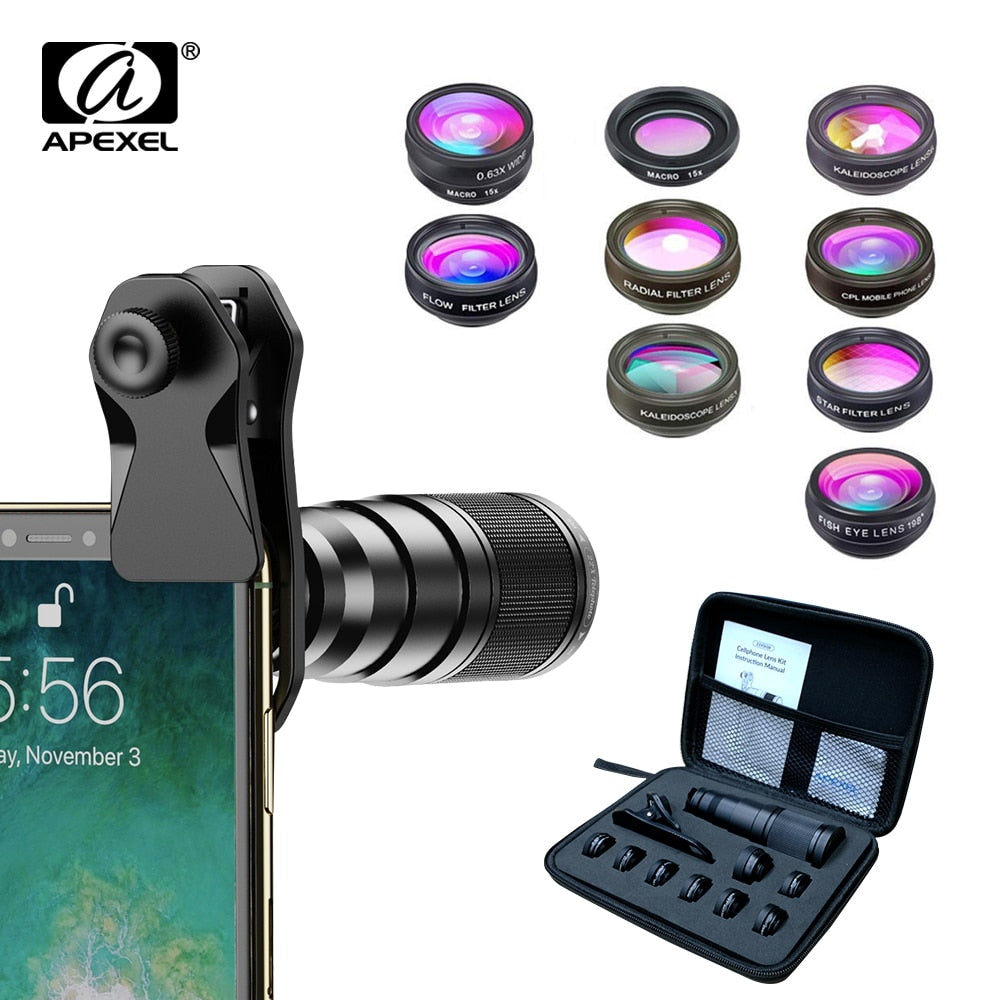 APEXEL 10 in 1 Lens Set Phone Camera Lens Kit Fish Eye Wide Macro Star Filter CPL Lenses for Smartphone iPhone 11 Samsung Redmi
