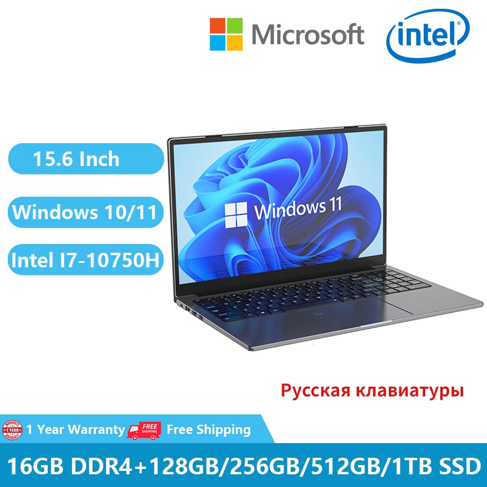 Gaming Laptops Win11 Metal Computer PC Netbook 10th Gen 15.6" Intel Core I7-10750H 32GB RAM RJ45 Type-C PD Camera Fingerprint