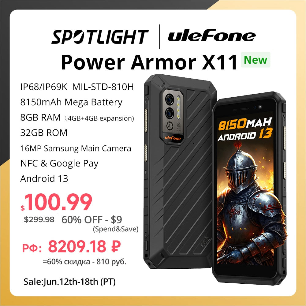 Ulefone Power Armor X11 Rugged Phone 8150 mAh 8GB RAM 32GB ROM  Waterproof Smartphone NFC 2.4G/5G WiFi Mobile Phones Global