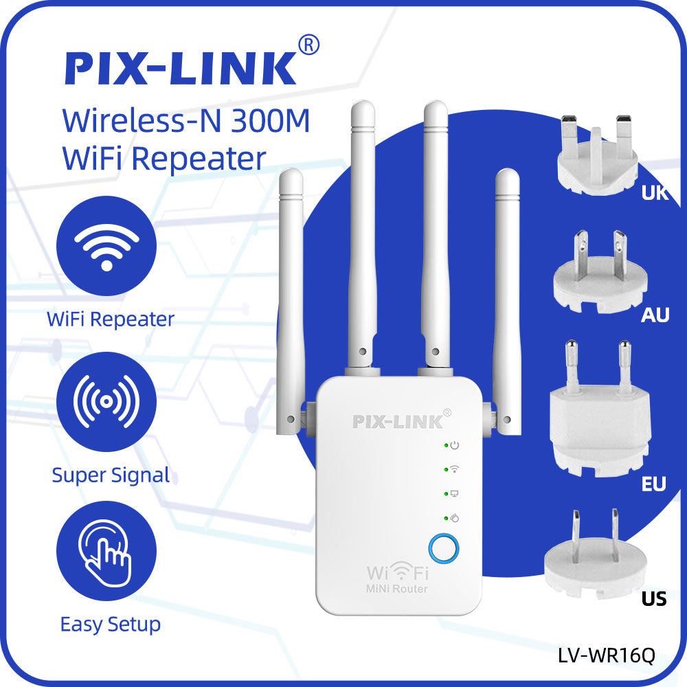 PIXLINK WiFi Repeater Wireless Router Pro 300Mbps 4 Antenna Extender Amplifier Repeator Signal Cover Range WR16Q