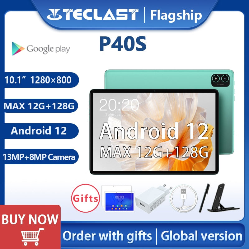 【NEW】Teclast P40S MAX 12GB+128GB 10.1" Tablet Android 12 1280x800 MTK8183 Octa Core Type-C Charging 8MP+13MP Camera 6000mAh