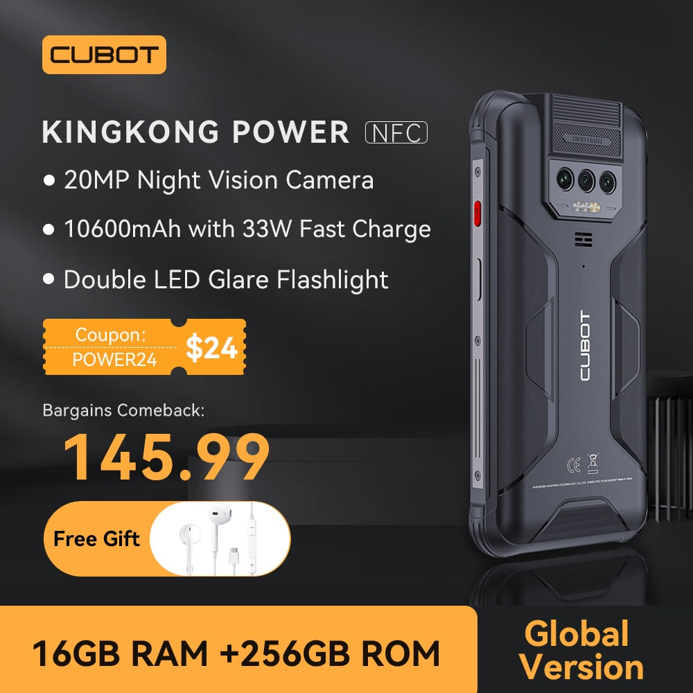 Cubot KingKong Power, Waterproof Rugged Smartphone Android 13, 8GB+256GB, 10600mAh, 33W Fast Charge, NFC, 6.5" FHD+,Global Phone