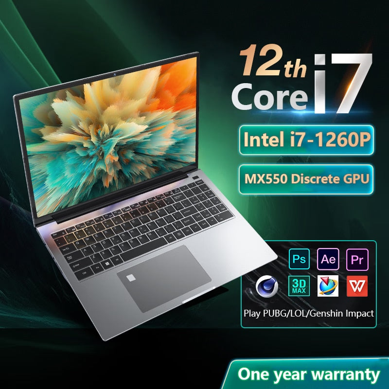 12th Gen Gaming Laptop Intel Core i7 1260P NVIDIA MX550 4G Ultrabook 16" IPS Metal Notebook 32G RAM +2TB SSD RJ45 WiFi Type-C