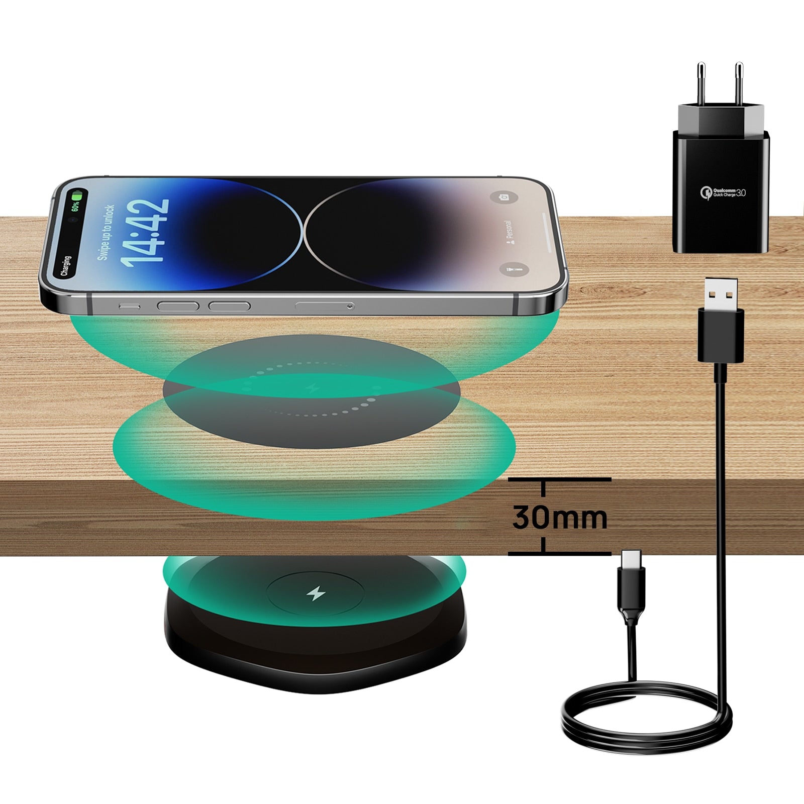 KPON Invisible Wireless Charger 30mm Under Table QI Charger Furniture Desk Wireless Charging Station for iPhone 14/13/12/11/X/8