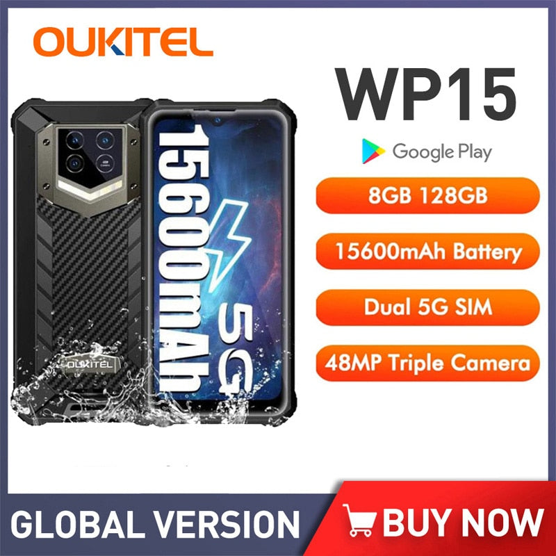 OUKITEL WP15 Rugged Phone 15600mAh 8GB 128GB Cellphone 48MP 6.52 Inch Mobile Phone NFC 5G Android 11 Rugged Smartphone