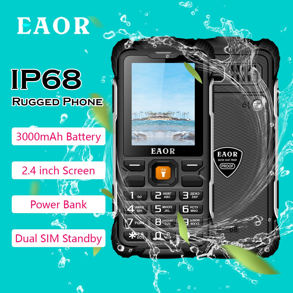 EAOR Outdoor Rugged Phone IP68 Water/Dust-proof Push-Button Phone 3000mAh Power Bank Keypad Phone Feature Phone with Flashlight