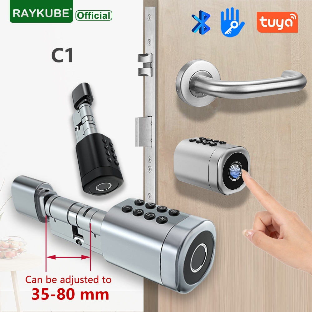 RAYKUBE C1 Tuya BLE TT Lock Smart Door Lock with 2-Ways-Adjustable Cylinder Length Fingerprint Password APP Key IC Card Unlock