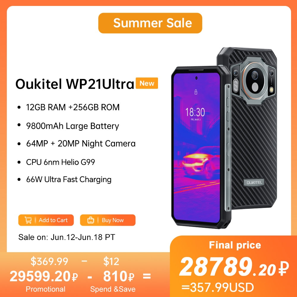 Oukitel WP21 Ultra Rugged Cell Phone 6.78' FHD+ 9800mAh Mobile Phone 12GB 256GB Mobile Phone 64MP Helio G99 Cell Phone 120Hz 66W