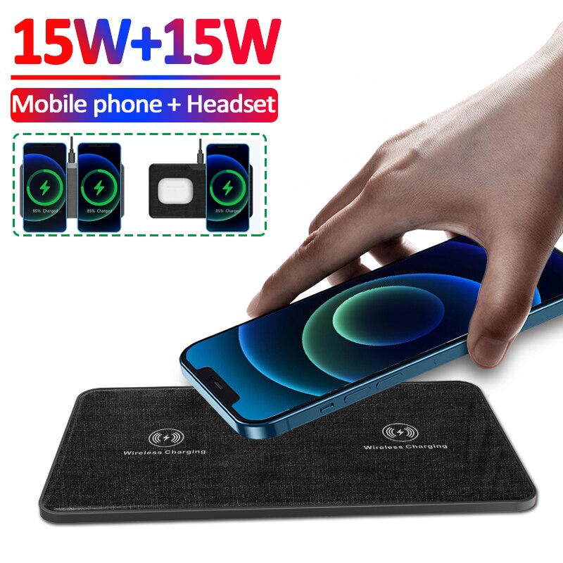 30W Dual 15W Wireless Charger Pad for iPhone 14 13 12 11 Pro XS XR X Samsung S21 S22 Airpods 3 Pro 2 In 1 Fast Charging Station