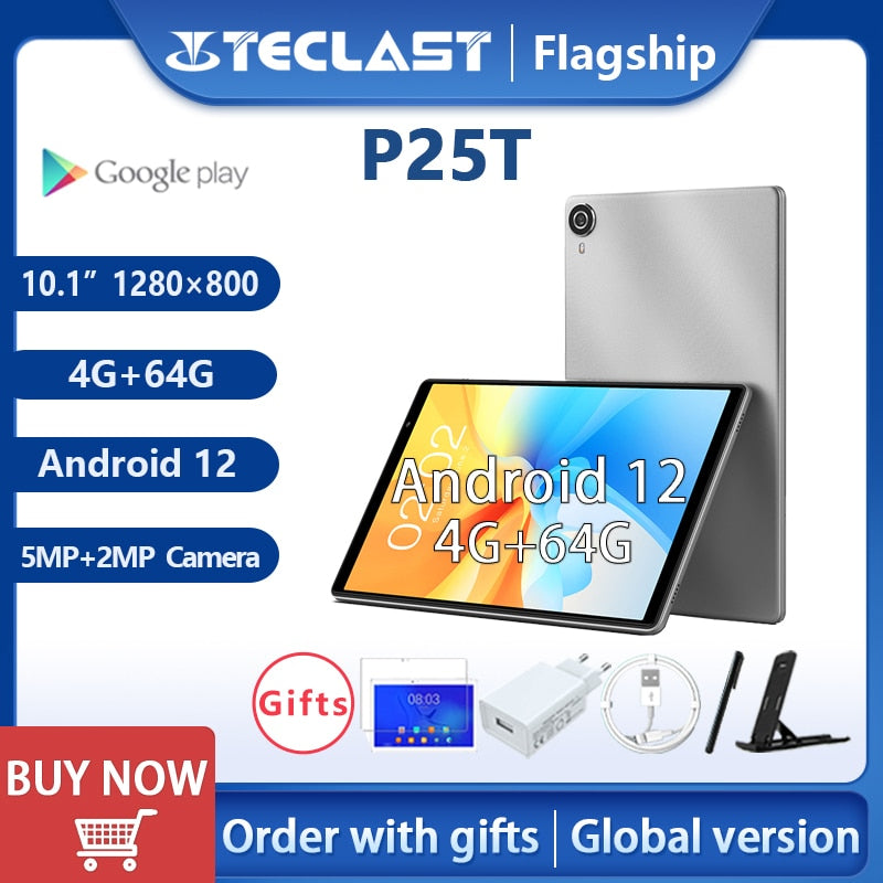 Teclast P25T Android 12 Tablet 10.1 inch IPS 4GB RAM 64GB ROM Wi-Fi 6 BT5.0 Type-C A133 Quad Core Dual Cameras