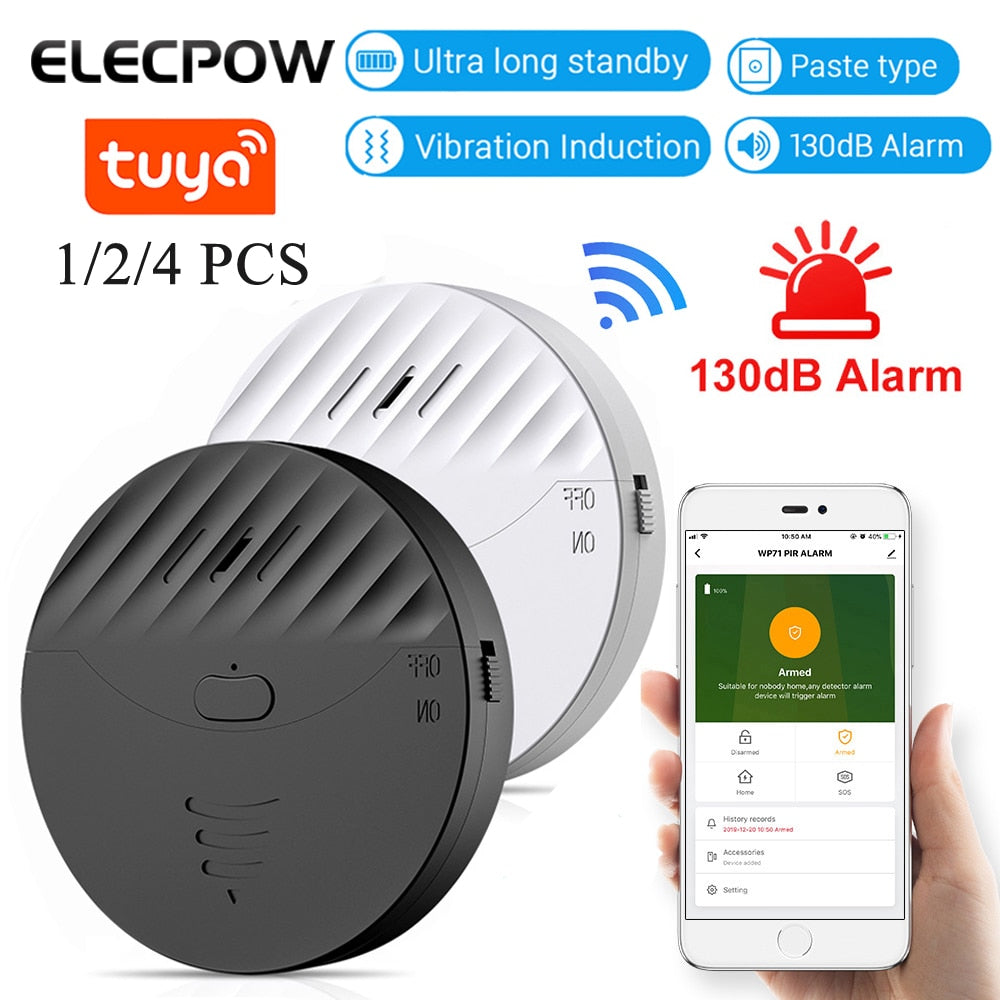 Elecpow Tuya Smart WiFi Window Door Vibration Alarm Sensor 130dB Glass Break Vibration Burglar Sensor Home Safety Alarm Detector