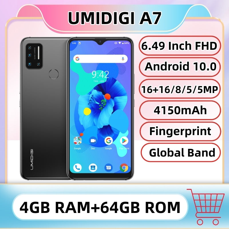 Global Version UMIDIGI A7 4GB RAM 64GB ROM Android 10 6.49'' Large Full Screen Cellphone Quad Camera Octa-Core 4G Smartphone