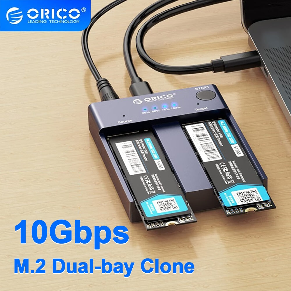 ORICO Dual Bay M.2 NVME SSD Enclosure 10Gbps Offline Clone USB C 3.1 Gen2 For M Key M/B Key NVME PCIe SSD Hard Drive Reader 4TB