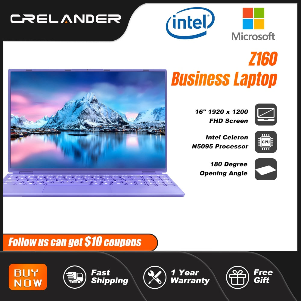 CRELANDER 16 Inch Business Laptop IPS Screen Intel Celeron N5095 12GB RAM Notebook Computer With RGB Backlit Keyboard