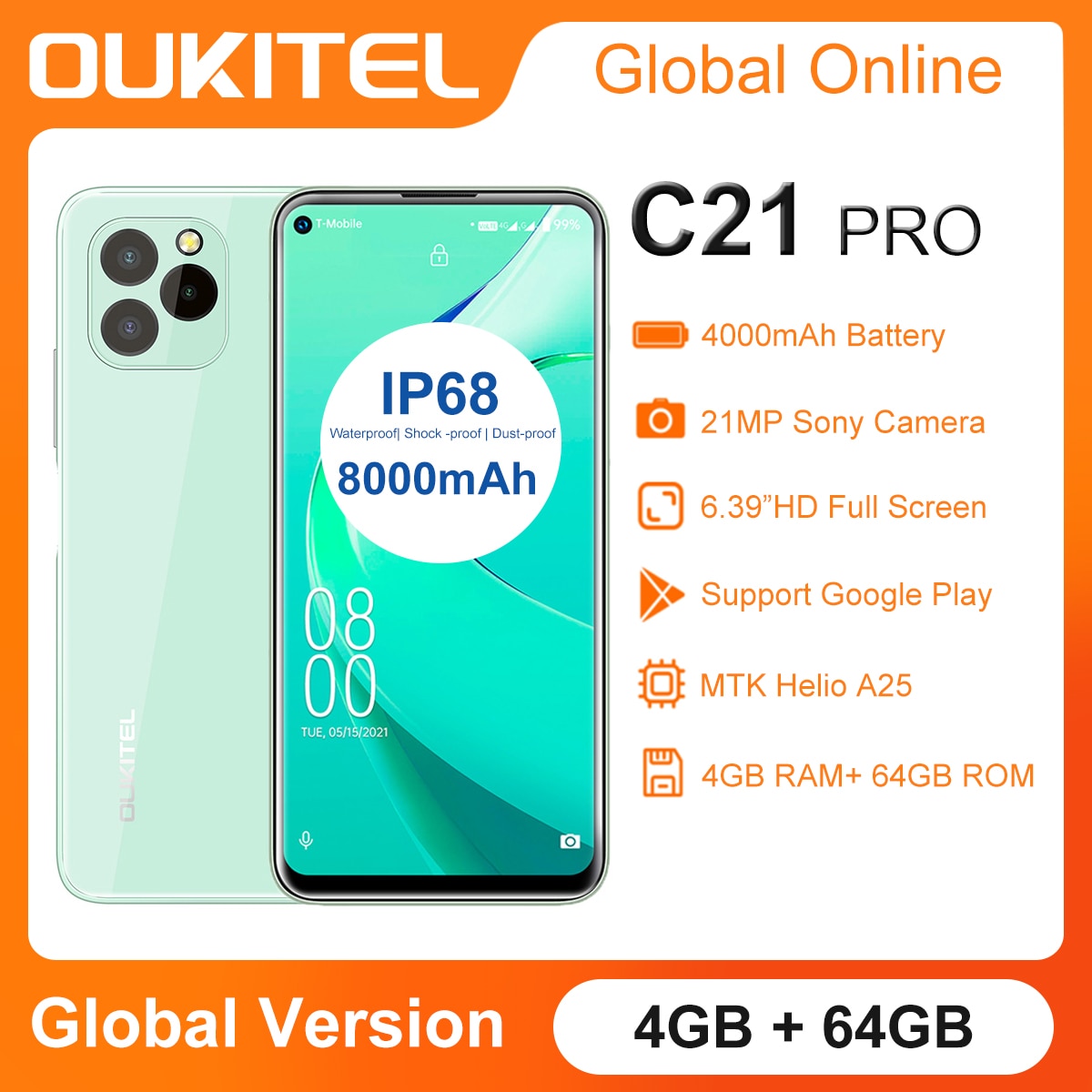 Oukitel C21PRO Cell Phone 6.39''4GB + 64GB 4000mAh Android 11.0 Octa Core Smartphone 21MP Sony Camera Full Glass Mobile Phone