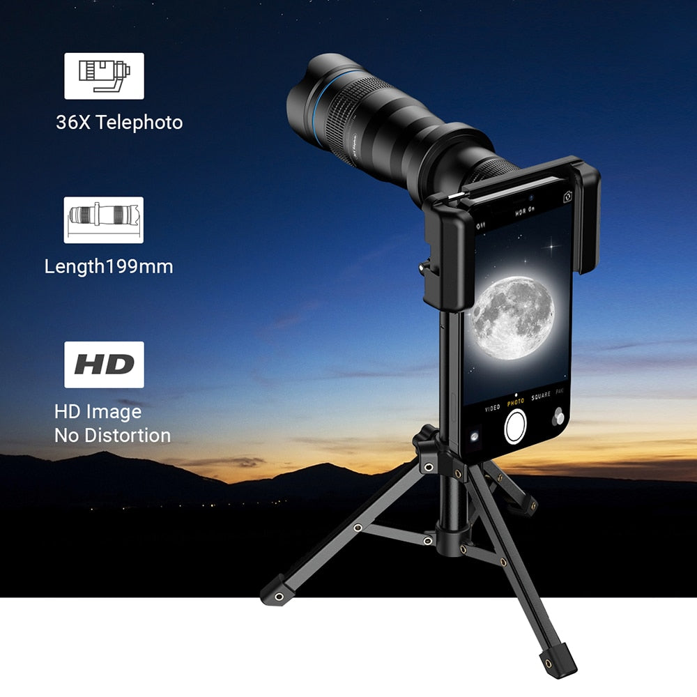 APEXEL New Upgrated 36X Metal Telephoto Zoom Lens with Metal Tripod  for iPhone Samsung Shooting Birds Watching Concert Sports