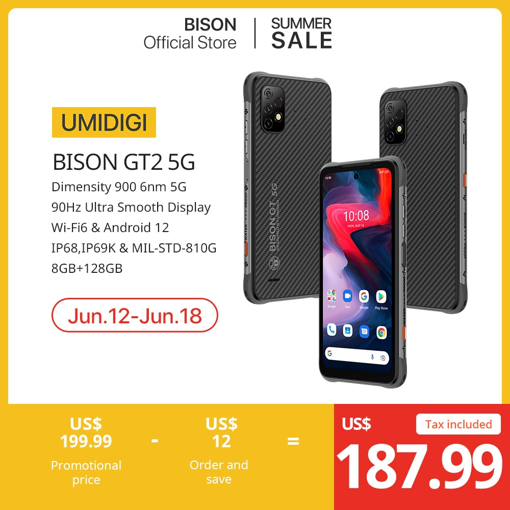 UMIDIGI BISON GT2 PRO 5G IP68 IP69K Android 12 Rugged Smartphone Dimensity 900 6.5" FHD+ 64MP AI Triple Camera 6150mAh Battery
