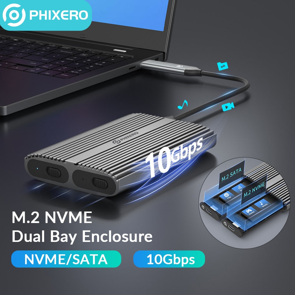 PHIXERO 10Gbps tool Free Dual Bay M.2 NVMe SATA 2bay SSD Enclosure Blazing Speed Thunderbolt 3 Compatible for Windows Macbook PC