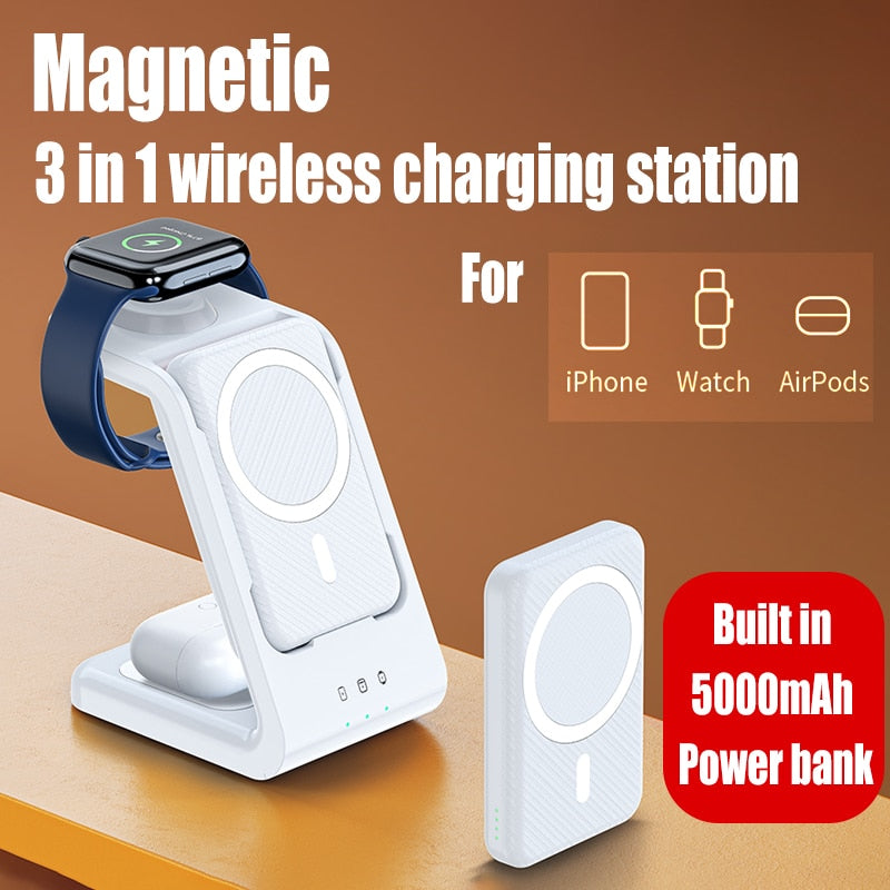 MacSafe 3 in1 5000mAh Power Bank 15W Magnetic Wireless Fast Charger Station For iPhone 14 13 12 Pro Max Apple Watch Ultra 8 7 6