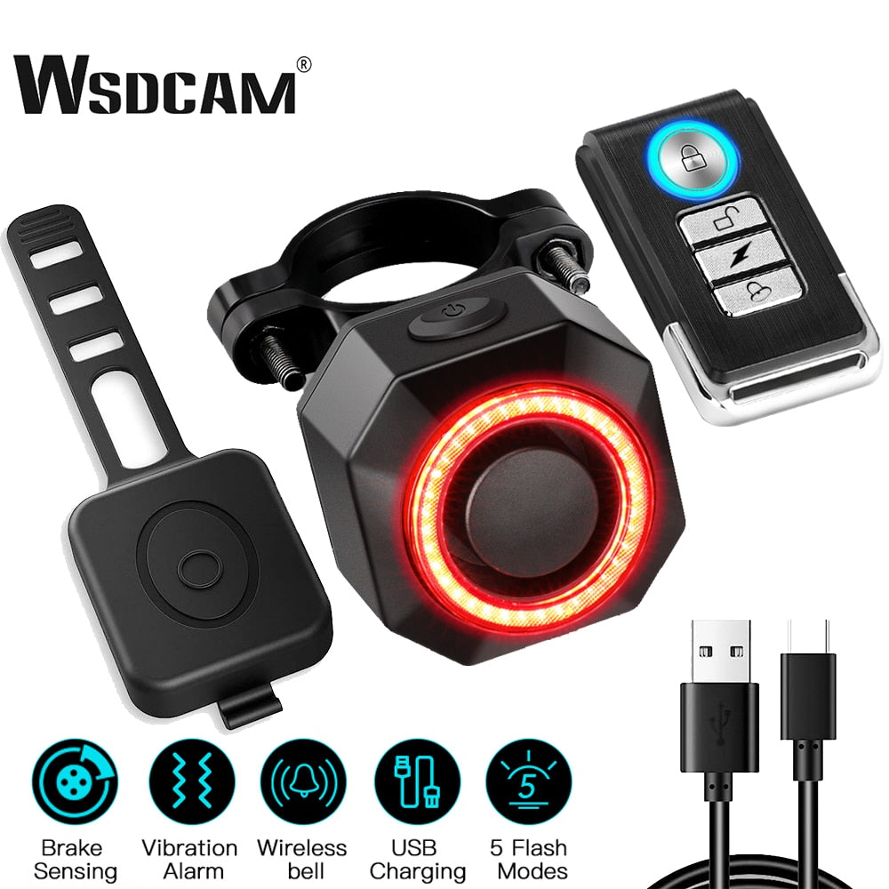 WSDCAM Bicycle Alarm Waterproof USB Charging Burglar Taillight Remote Control Motorcycle Alarm Security Protection 110dB