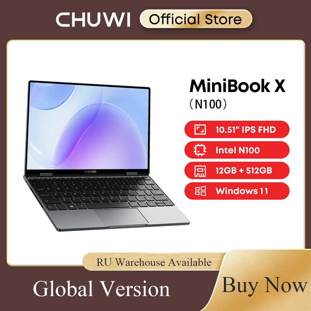 CHUWI MiniBook X Laptop Tablet PC 2 In 1 12GB LPDDR5 512G SSD Intel N100 10.51 Inch FHD IPS Screen 1920*1200 Windows 11 Notebook