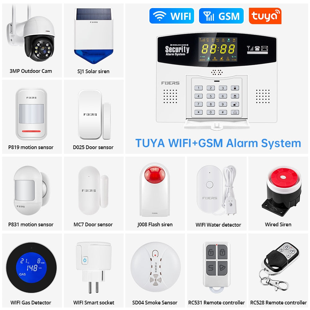 Fuers W210 DIY Tuya Smart Alarm System WIFI Burglar Alarm Smart Home GSM Alarm System  Color LCD Display Security Motion Sensor