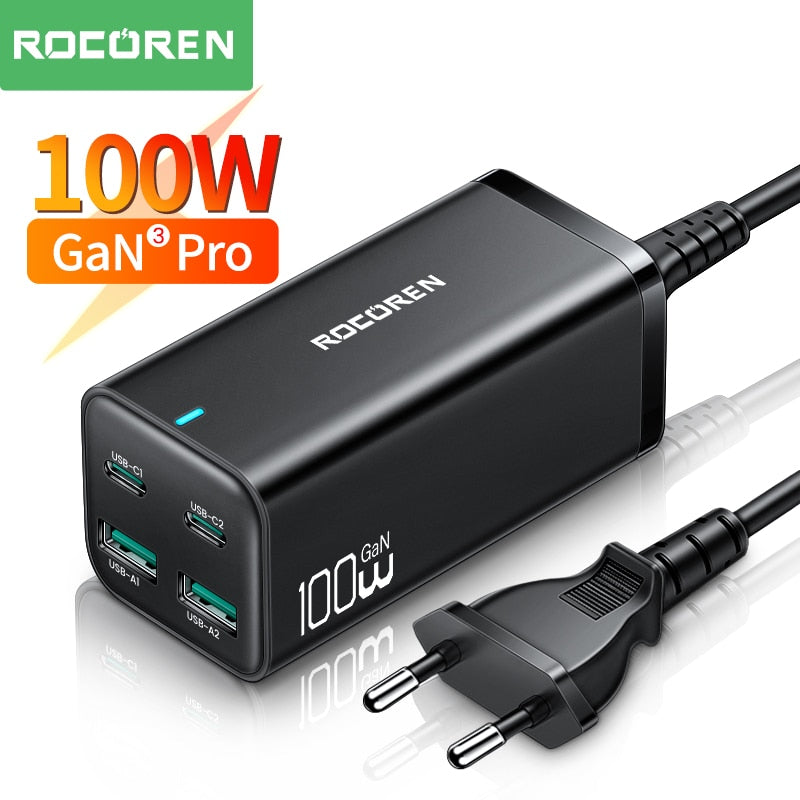 Rocoren GaN 100W Desktop Charger Quick Charge 4.0 QC 5.0 3.0 PD USB-C Type C USB Fast Charging For MacBook Samsung iPhone Laptop