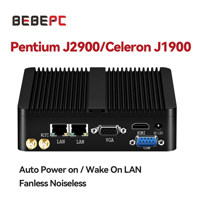 BEBEPC Industrial Fanless Mini PC Celeron J1900 N2930 J1800 HTPC Dual LAN &COM Gigabit Windows 10 Linux Mini Computer HD WIFI