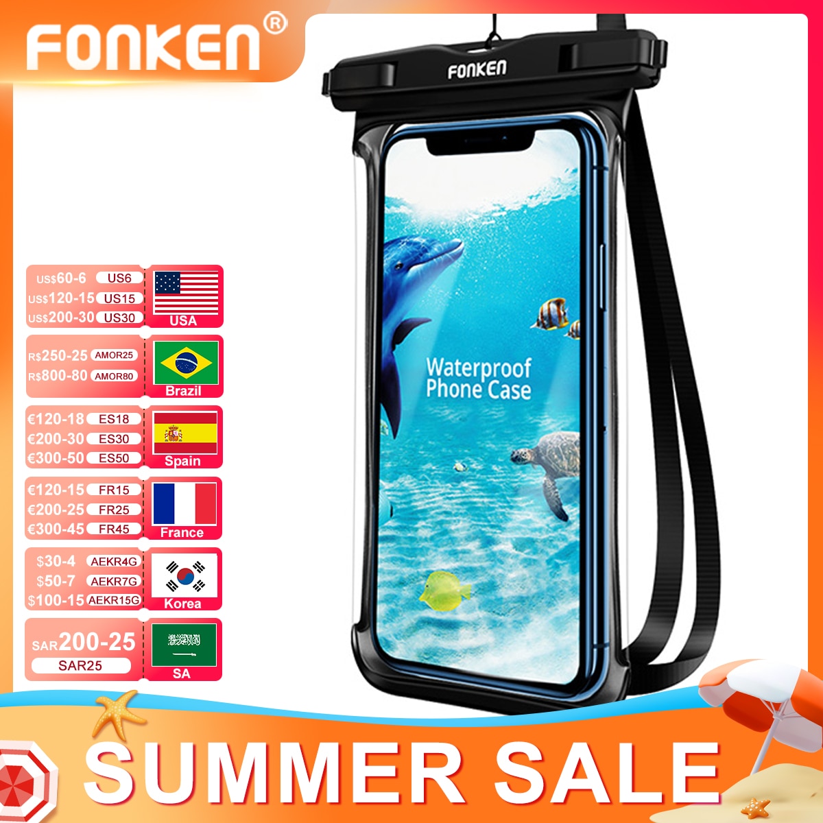 FONKEN Waterproof Phone Case For Iphone Samsung Xiaomi Swimming Dry Bag Underwater Case Water Proof Bag Mobile Phone Coque Cover