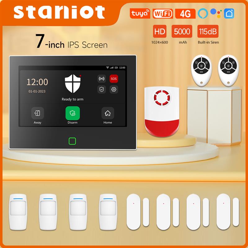 Staniot 7 inch Home Alarm System Wireless WiFi 4G Tuya Smart Security Kit Built-in 115dB Louder Siren 5000mAh Battery