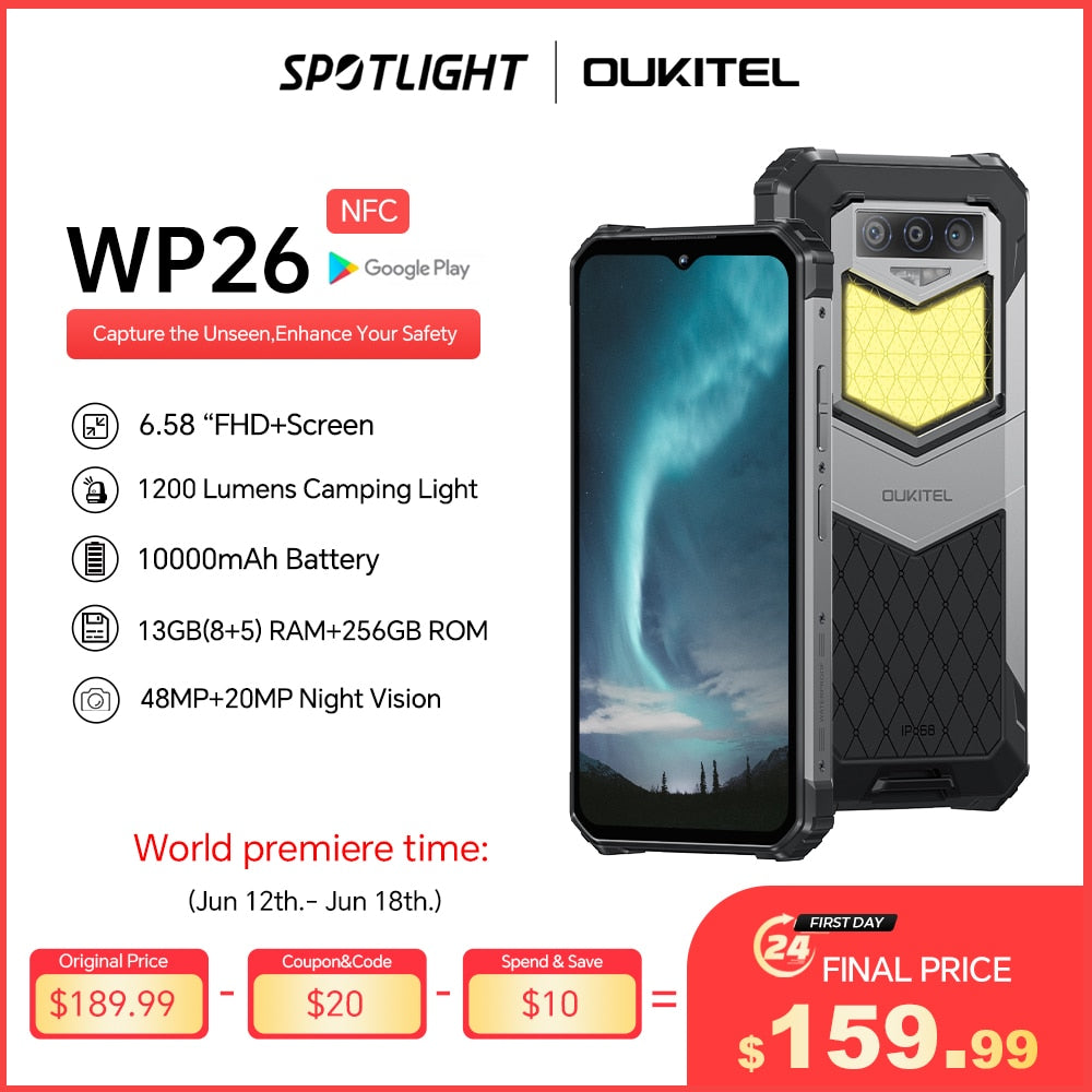 [ World Premiere] Oukitel WP26 Rugged Smartphone 10000mAh, 8GB, 256GB,  Mobile phone ,48MP+20MP Night Camera, MTK P90 Cell Phone