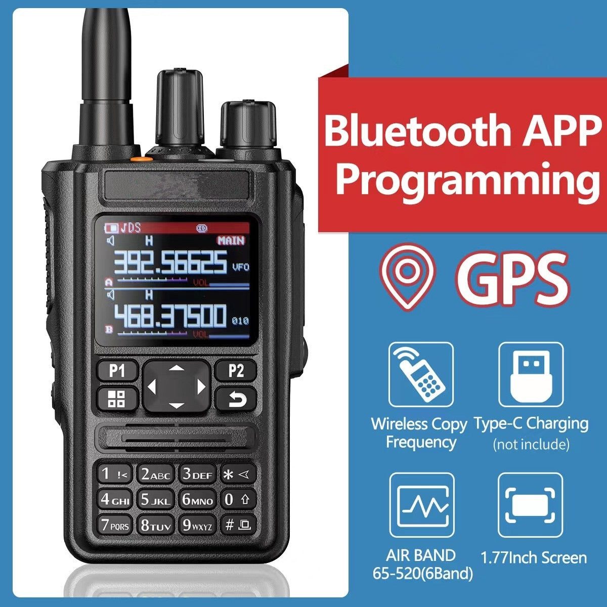 Full Air Band 65-520 Walkie Talkie Outdoor Radio Station GPS Bluetooth APP Match Any Intercom Frequency HAM Interphone Free Call