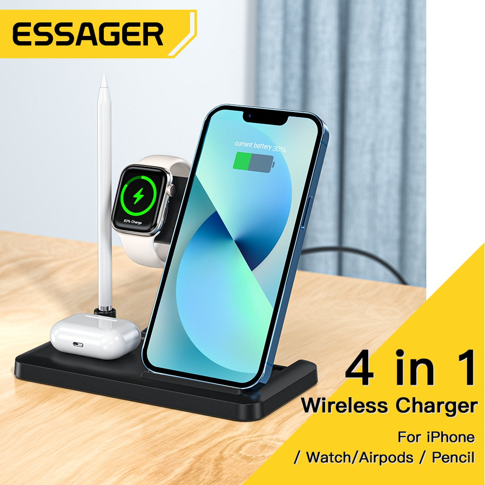 Essager 4 in 1 Wireless Charger Stand 15W Charging For iPhone 14 13 12 11 X Apple Watch Pencil Airpods Pro Chargers Dock Station
