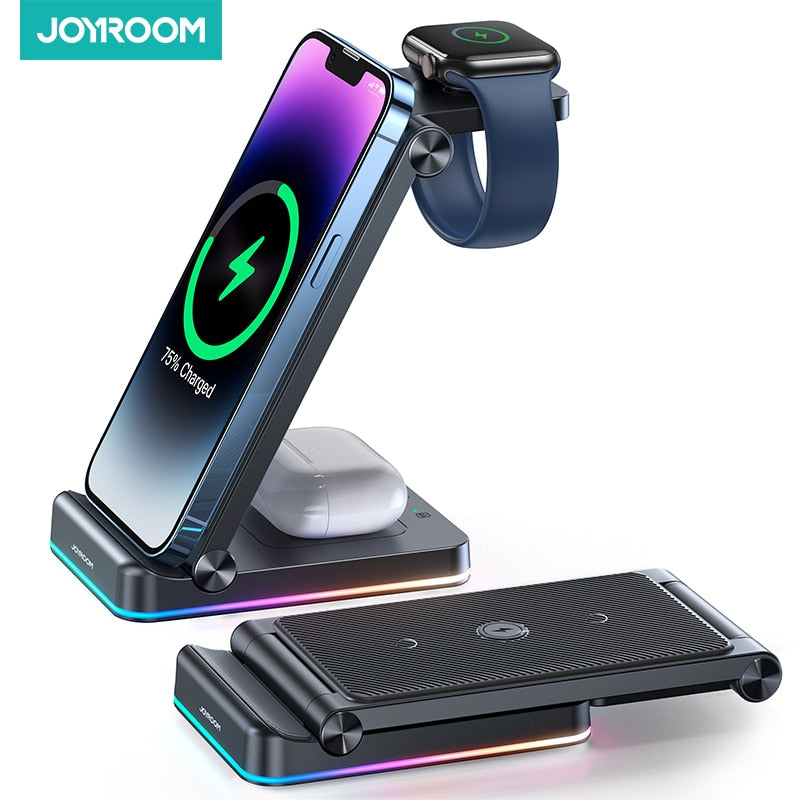 3 in 1 Wireless Charging Station JOYROOM Foldable Double Coil Wireless Charger Compatible For iPhone Xiaomi Apple Watch Airpods