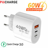 USB C Charger 60W Fast Charging Charger 3Ports Type C Mobile Phone Charger PD Power Adapter for Samsung Xiaomi iPhone QC3.0