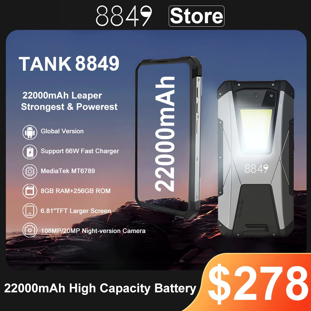 8849 Tank Night Vision Rugged Mobile Phone 8GB Ram 256GB Rom 22000mAh Battery 108MP G99 Cellphone  Android 12  Smartphone