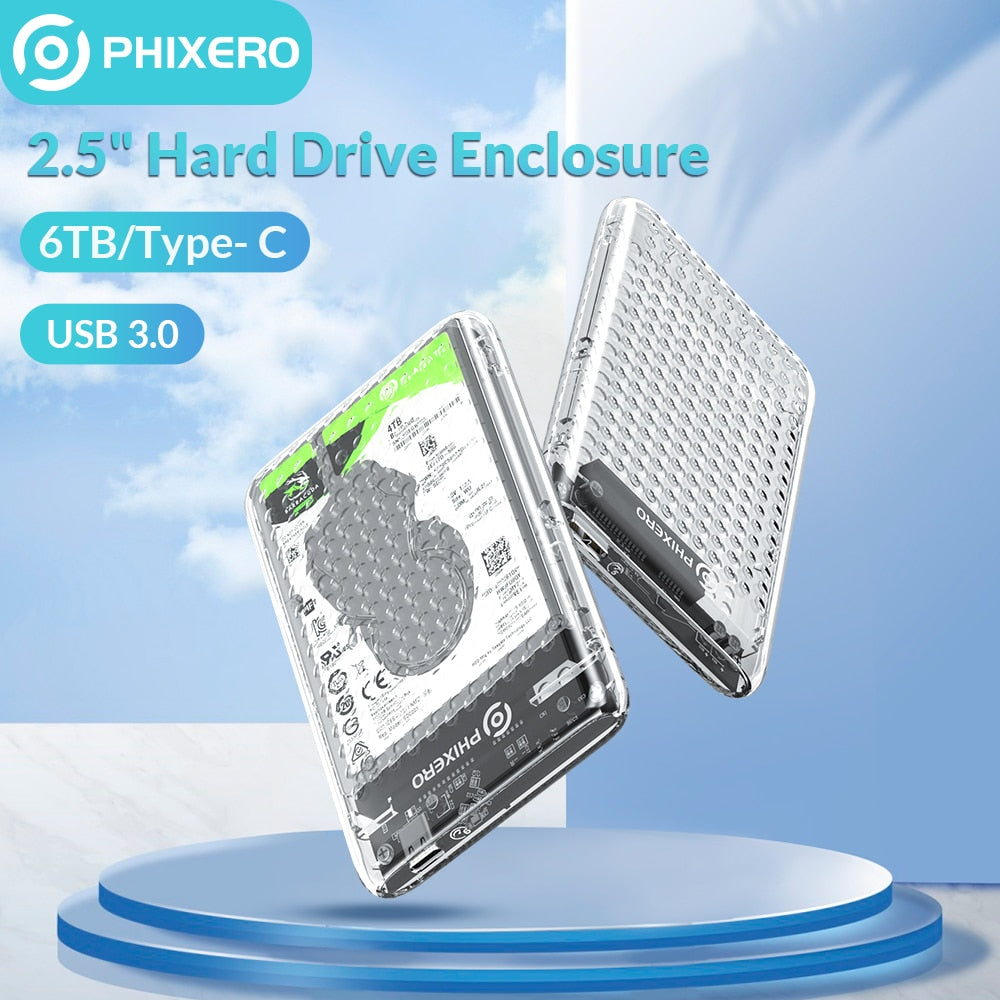 PHIXERO Transparent HDD Case USB 3.0 Type C For PC Laptop SSD External Hard Disk Drive HDD Box/Enclosure 2.5 HD SATA  USB 6Gbps