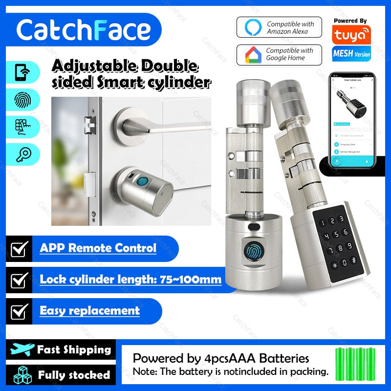 Catchfcae New Adjustable Replacement Tuya APP Fingerprint Cylinder Electronic Smart  Door Lock Digital Keypad Code Keyless