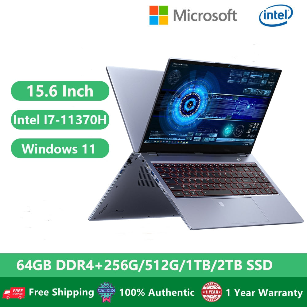 Gamer Laptops Computer office Metal Notebook Netbook Windows 11 11th Gen Intel I7-11370H 64GB RAM Dual DDR4 Slots SSD 5G WiFi