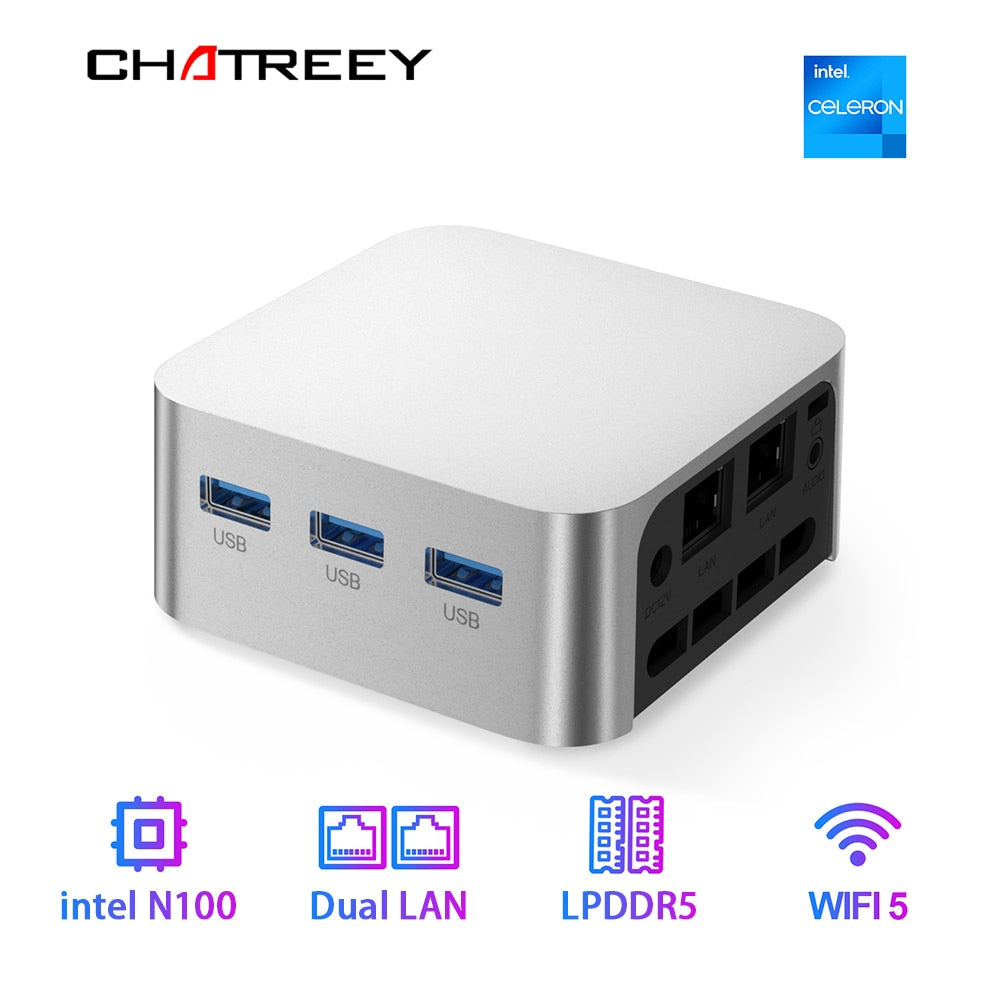 Intel Celeron N100 Chatreey T8 Pro Mini PC SSD Windows 11 Computer Dual LAN Three HDMI Firewall Server wifi 5