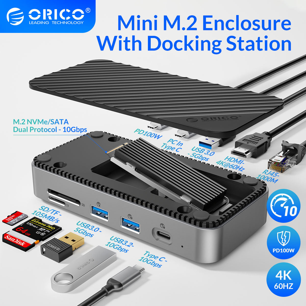 ORICO USB HUB Docking Station with M.2 NVMe SATA SSD Enclosure External 10Gbps 4K 60Hz HDMI-Com RJ45 SD/TF for Laptop Macbook