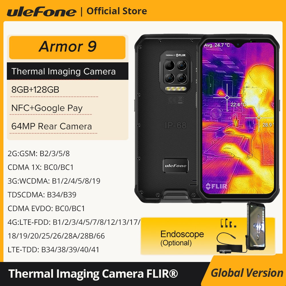 Ulefone Armor 9 Rugged Mobile Phone Thermal Imaging Camera FLIR® Android 10 128GB Smartphone Helio P90 Mobile Phone 6600mAh 64MP