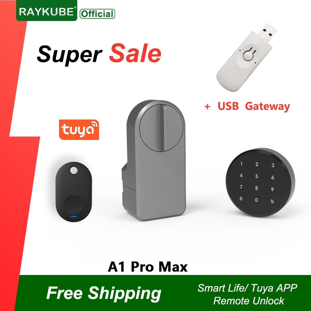 RAYKUBE A1 Pro Max Tuya BEL Smart Door Lock Set with Fobs/ Keypad/ Smart Key Tuya Remote Unlock Work with Alexa Google Assistant