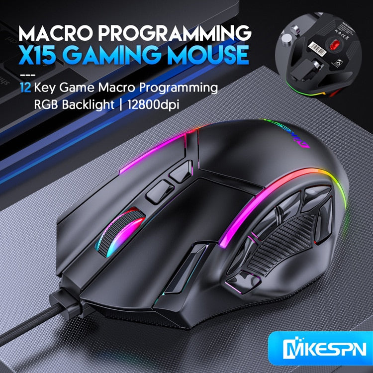 12800DPI Free Weight Macro RGB Gaming Mouse 12 Programmable Keys Game Mouse RGB Light Max to 6 levels For pc mac gun PUBG Laptop