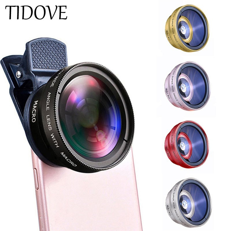 TIDOVE 2 IN 1 Lens Universal Clip 37mm Mobile Phone Lens Professional 0.45x 49uv Super Wide-Angle + Macro HD Lens For iPhone 13